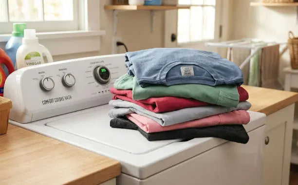 Stack of colored Comfort Colors t shirts resting on top of a white washing machine.