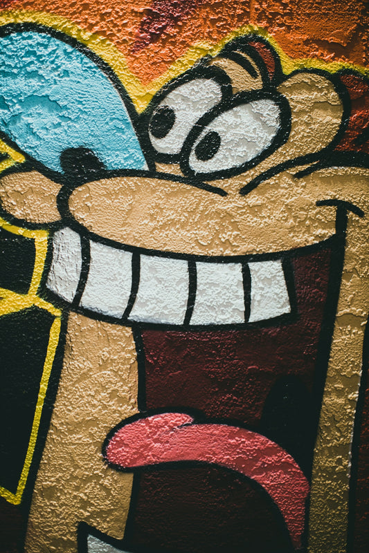 a cartoon character painted on a wall