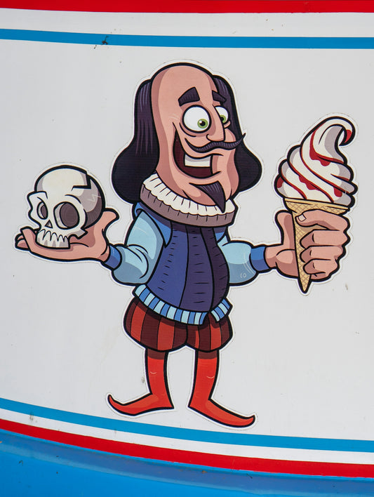 Cartoon shakespeare holding a skull and ice cream cone