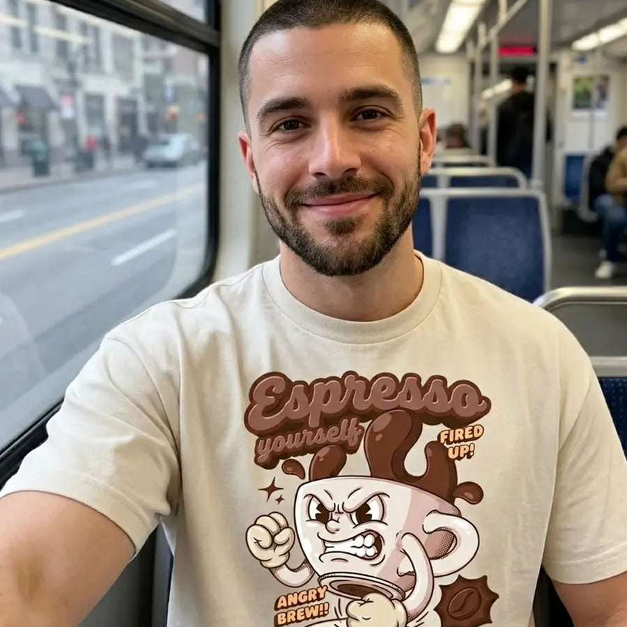"Yum Stitch retro pizza mascot and models wearing oversized vintage graphic t shirts and 90s nostalgia clothing in a stylized green landscape, Fast Food Designs Collection Est 2025."
