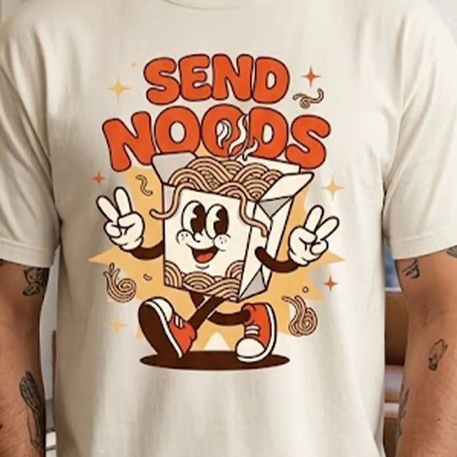 "Yum Stitch retro pizza mascot and models wearing oversized vintage graphic t shirts and 90s nostalgia clothing in a stylized green landscape, Fast Food Designs Collection Est 2025."