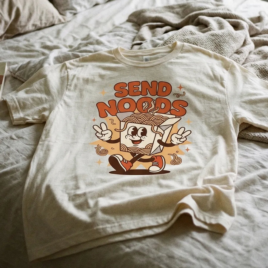 "Yum Stitch retro pizza mascot and models wearing oversized vintage graphic t shirts and 90s nostalgia clothing in a stylized green landscape, Fast Food Designs Collection Est 2025."