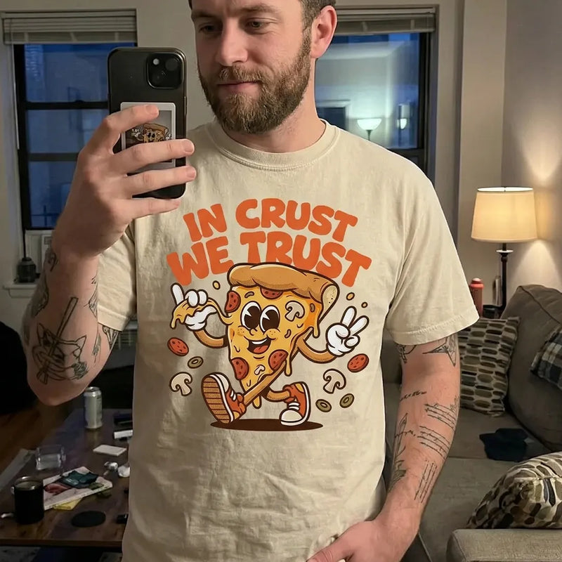 "Yum Stitch retro pizza mascot and models wearing oversized vintage graphic t shirts and 90s nostalgia clothing in a stylized green landscape, Fast Food Designs Collection Est 2025."