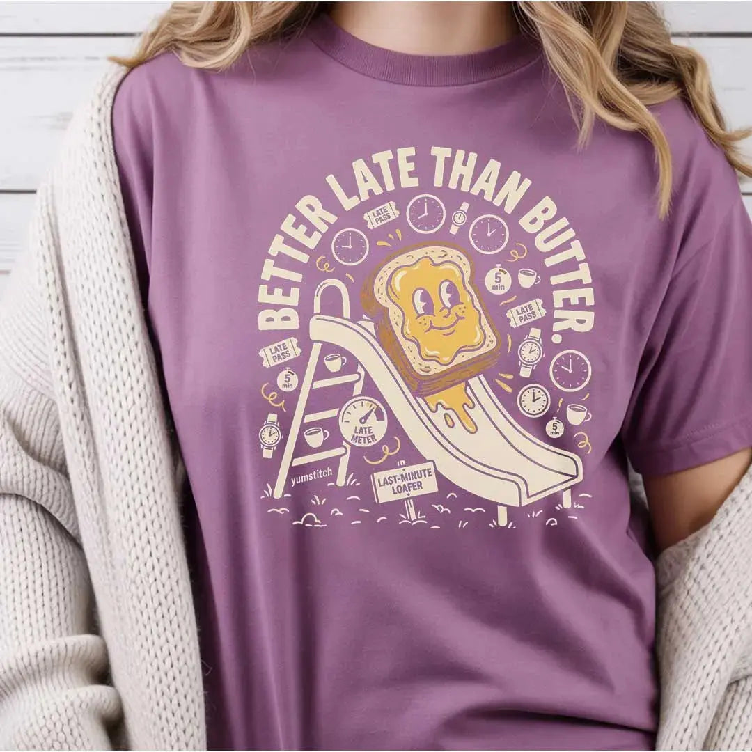 Better Late Than Butter Rubber Hose Animation Shirts Unisex Printify0s Retro Mascot T Shirt, 80s Tshirt Aesthetic, Vintage Style Graphic T Shirts for Guys by Yum Stitch