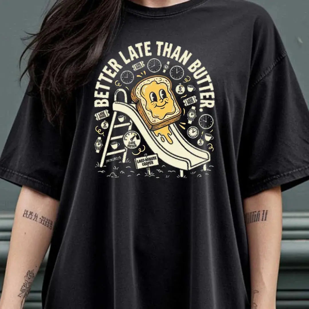 Better Late Than Butter Rubber Hose Animation Shirts Unisex Printify0s Retro Mascot T Shirt, 80s Tshirt Aesthetic, Vintage Style Graphic T Shirts for Guys by Yum Stitch