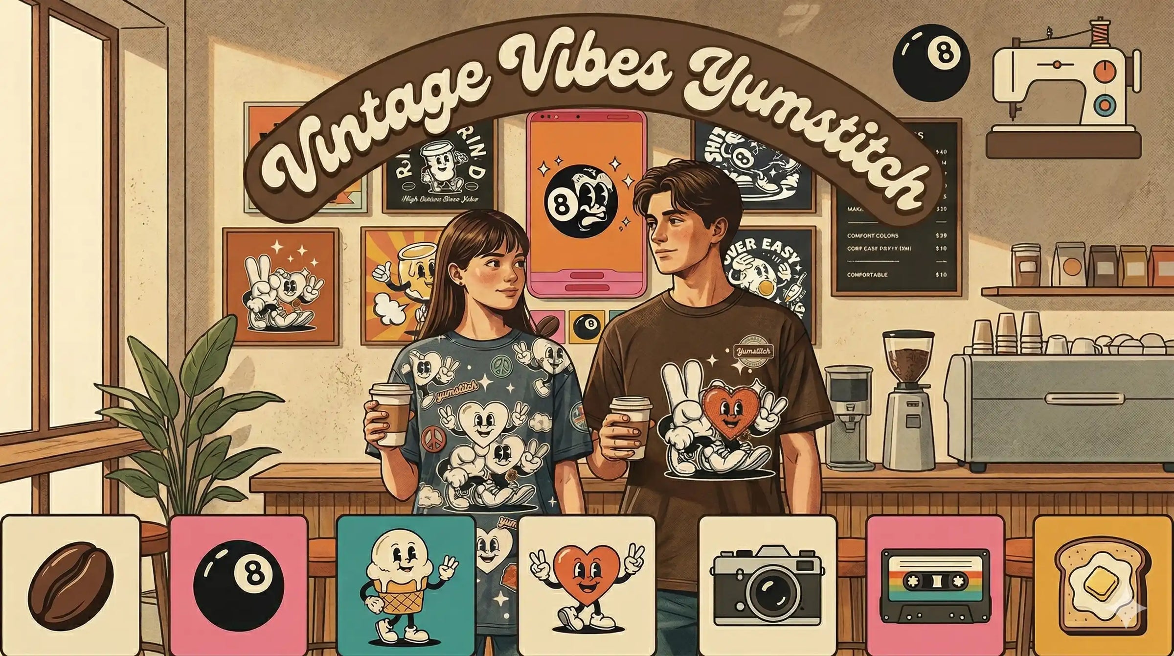 "Main shop banner for Yum Stitch featuring playful food-themed mascot characters in a classic rubber-hose illustration style. High-quality oversized graphic tees displayed in a clean, minimalist lifestyle setting, highlighting the fusion of vintage art and modern streetwear.