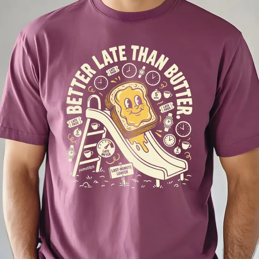 Better Late Than Butter Rubber Hose Animation Shirts Unisex Printify0s Retro Mascot T Shirt, 80s Tshirt Aesthetic, Vintage Style Graphic T Shirts for Guys by Yum Stitch