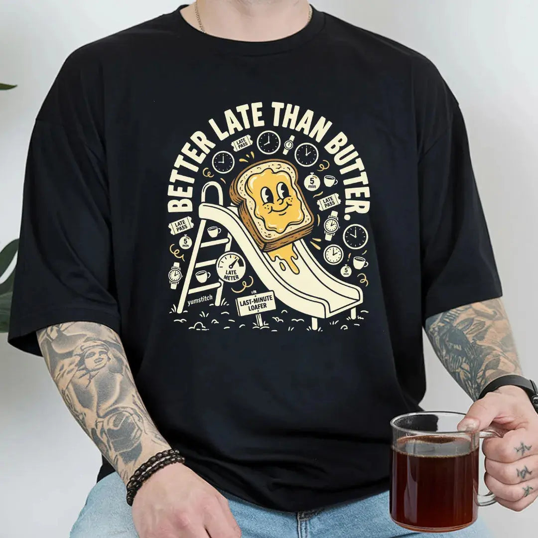 Better Late Than Butter Rubber Hose Animation Shirts Unisex Printify0s Retro Mascot T Shirt, 80s Tshirt Aesthetic, Vintage Style Graphic T Shirts for Guys by Yum Stitch