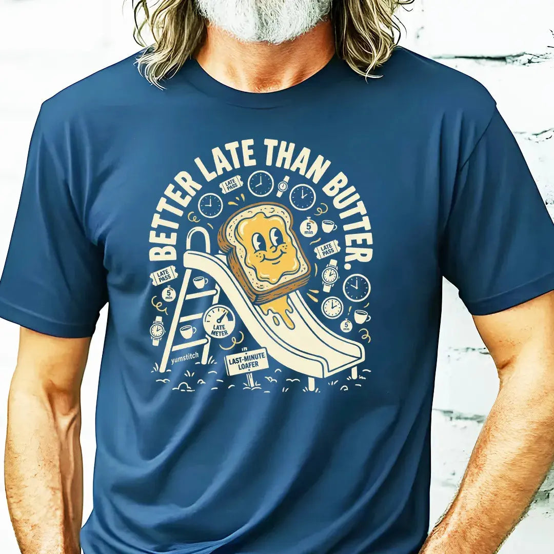 Better Late Than Butter Rubber Hose Animation Shirts Unisex Printify0s Retro Mascot T Shirt, 80s Tshirt Aesthetic, Vintage Style Graphic T Shirts for Guys by Yum Stitch