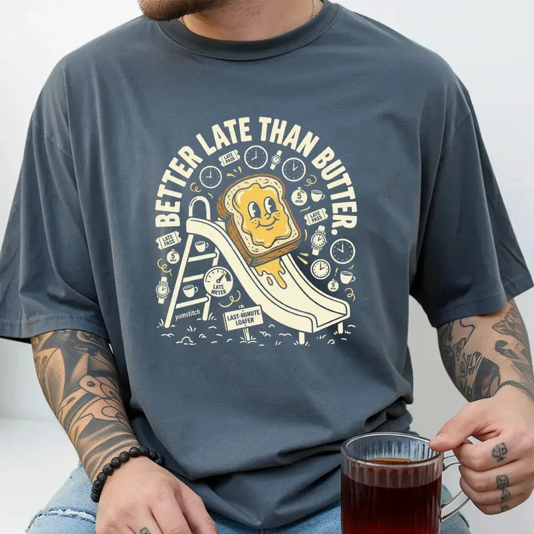 Better Late Than Butter Rubber Hose Animation Shirts Unisex Printify0s Retro Mascot T Shirt, 80s Tshirt Aesthetic, Vintage Style Graphic T Shirts for Guys by Yum Stitch