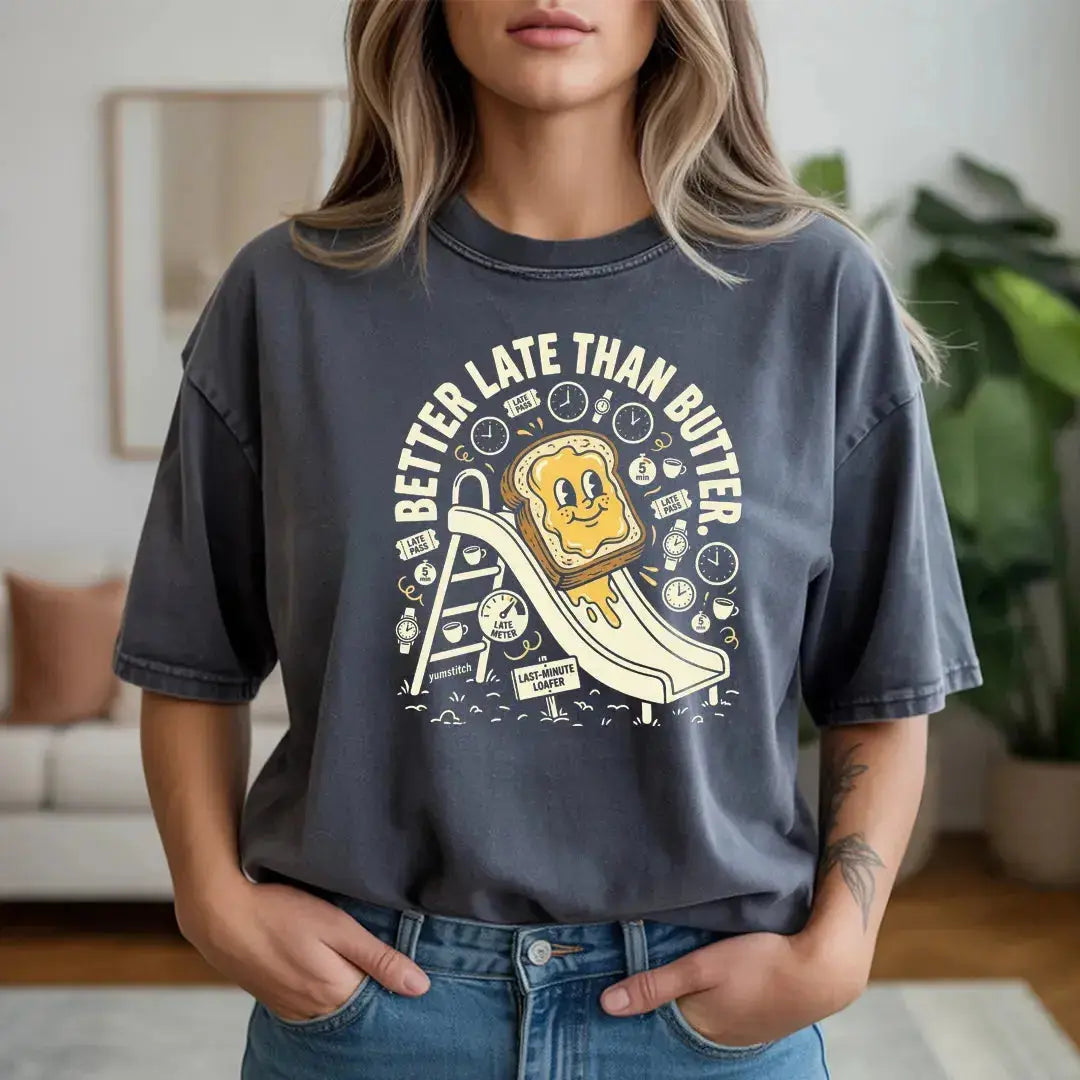 Better Late Than Butter Rubber Hose Animation Shirts Unisex Printify0s Retro Mascot T Shirt, 80s Tshirt Aesthetic, Vintage Style Graphic T Shirts for Guys by Yum Stitch